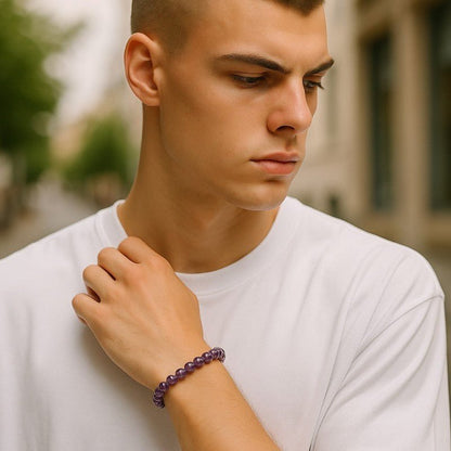 Bracelet améthyste rubanée Brésil A (boules 7 - 8mm) - Taille L - La Boite à Cailloux