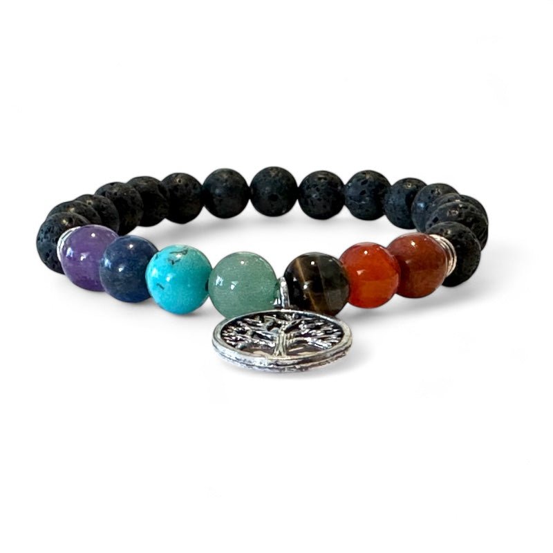 Bracelet arbre de vie pierre de lave 7 chakras A (boules 7 - 8mm) - La Boite à Cailloux