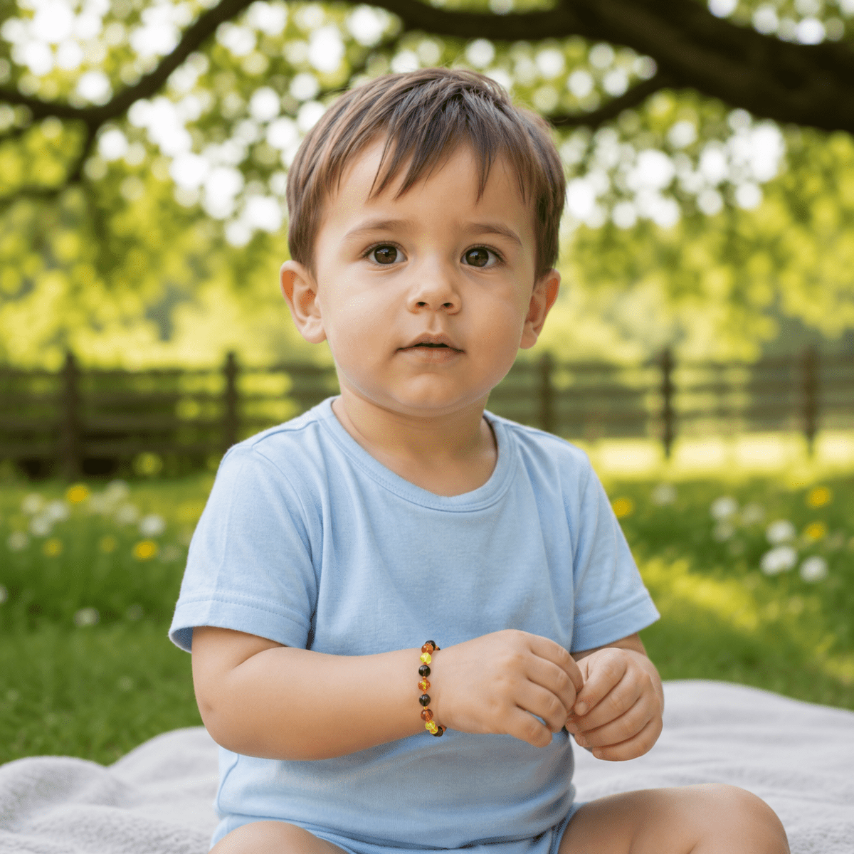 Bracelet bébé ambre multicolore Lituanie AA (perles baroques) - La Boite à Cailloux
