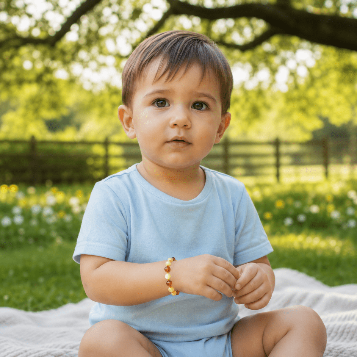 Bracelet bébé bicolore ambre jaune et ambre cognac Lituanie AA (perles baroques) - La Boite à Cailloux