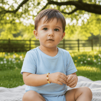 Pulsera de bebé bicolor ámbar amarillo y ámbar coñac Lituania AA (cuentas barrocas)