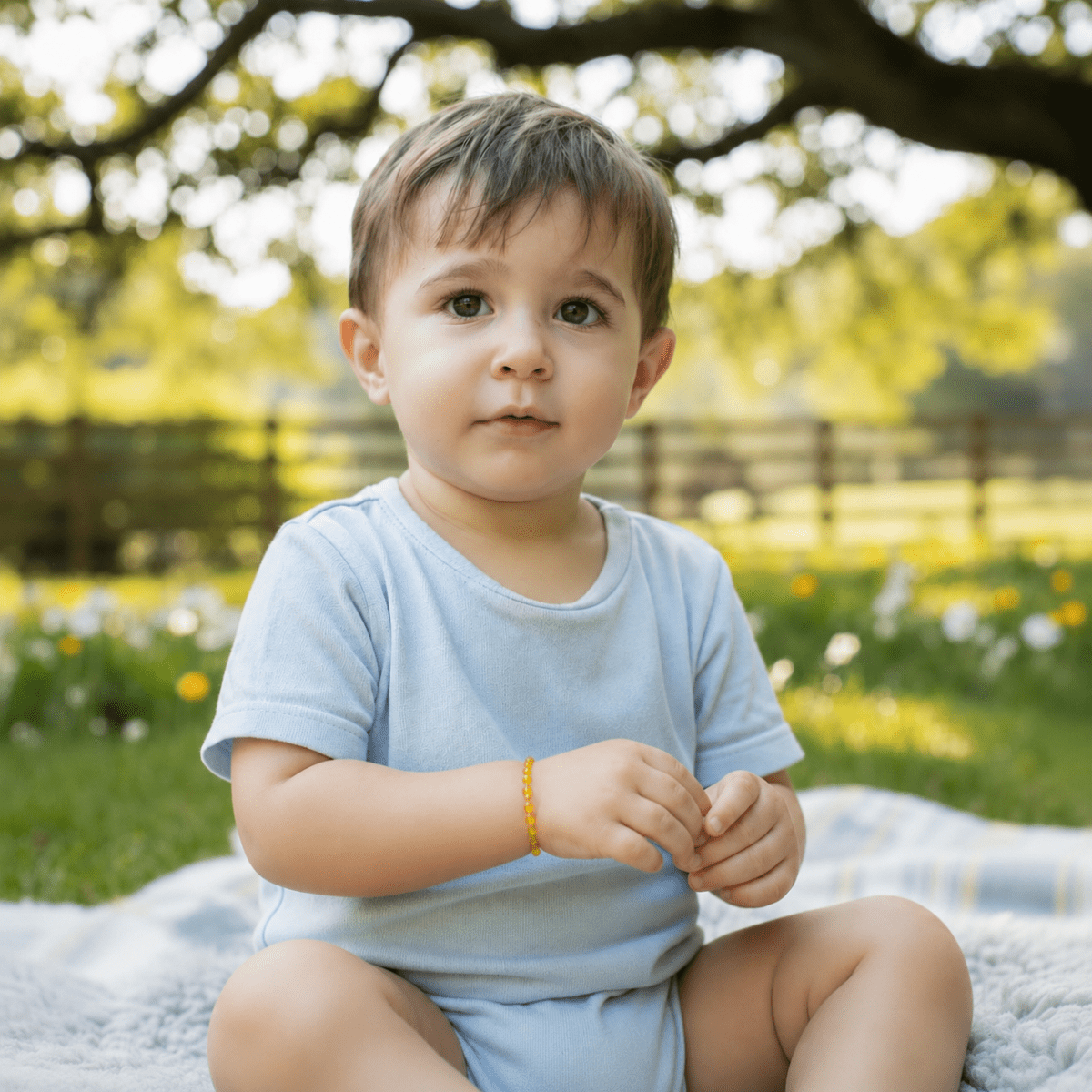 Bracelet bébé en ambre miel Lituanie AA (perles baroques) - La Boite à Cailloux