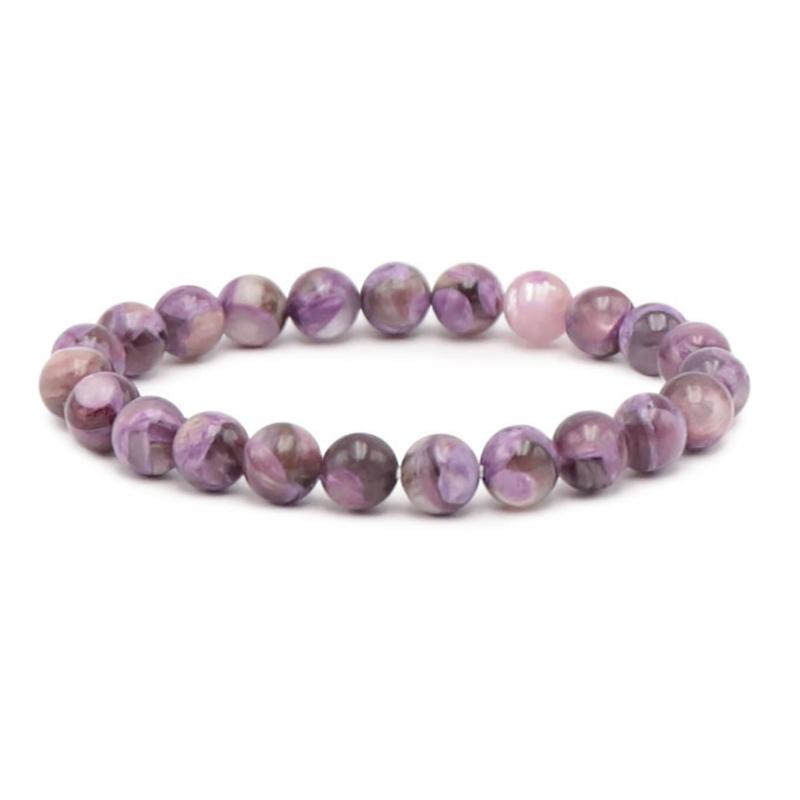 Bracelet charoite sur Quartz et Mica Russie AA+ (boules 7 - 8mm) - La Boite à Cailloux