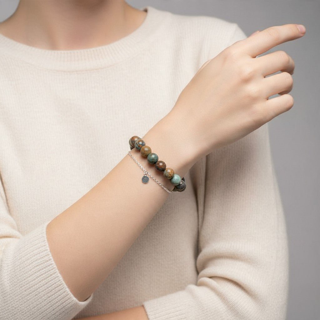 Bracelet chrysocolle sur Gangue Pérou AB (boules 10mm) - La Boite à Cailloux