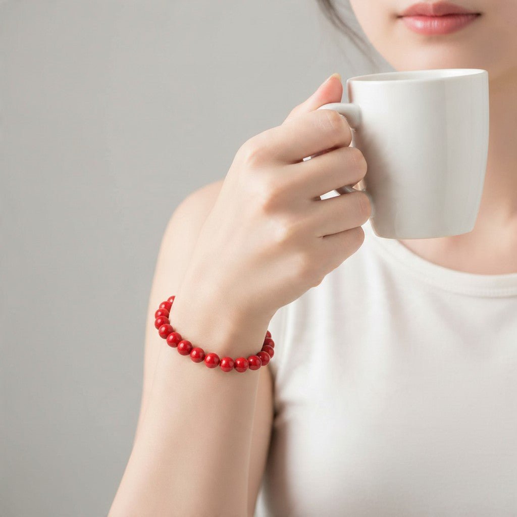 Bracelet corail teinté rouge Brésil A (boules 7-8mm) - La Boite à Cailloux