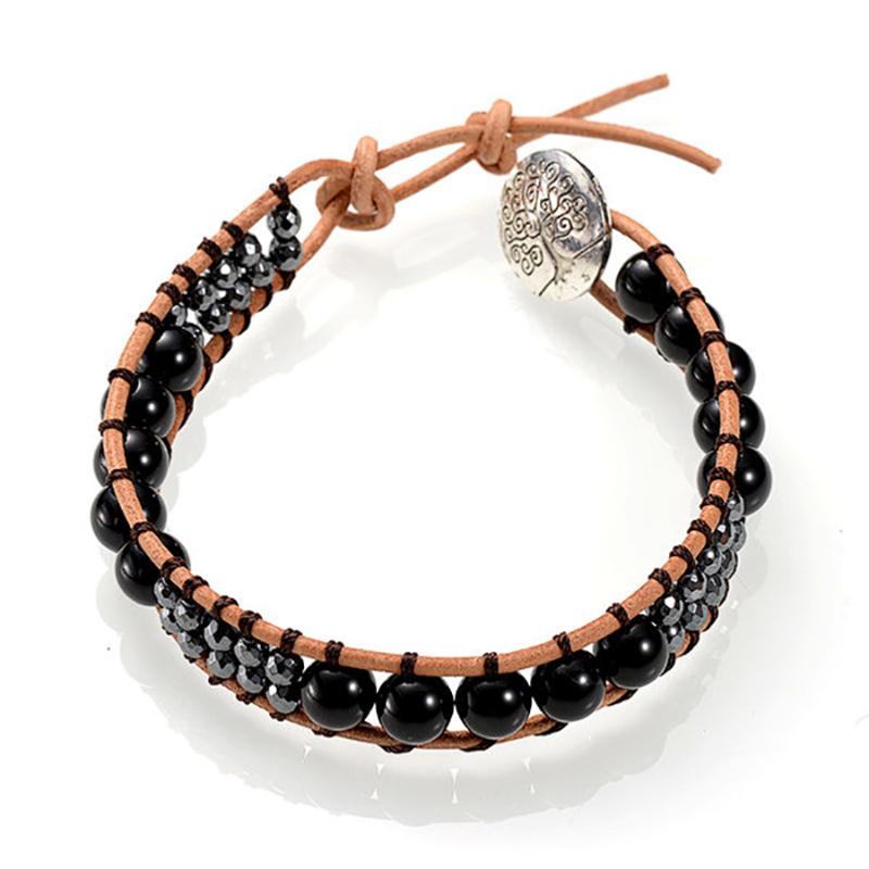Bracelet cuir mixte onyx (boules 7 - 8mm) - La Boite à Cailloux