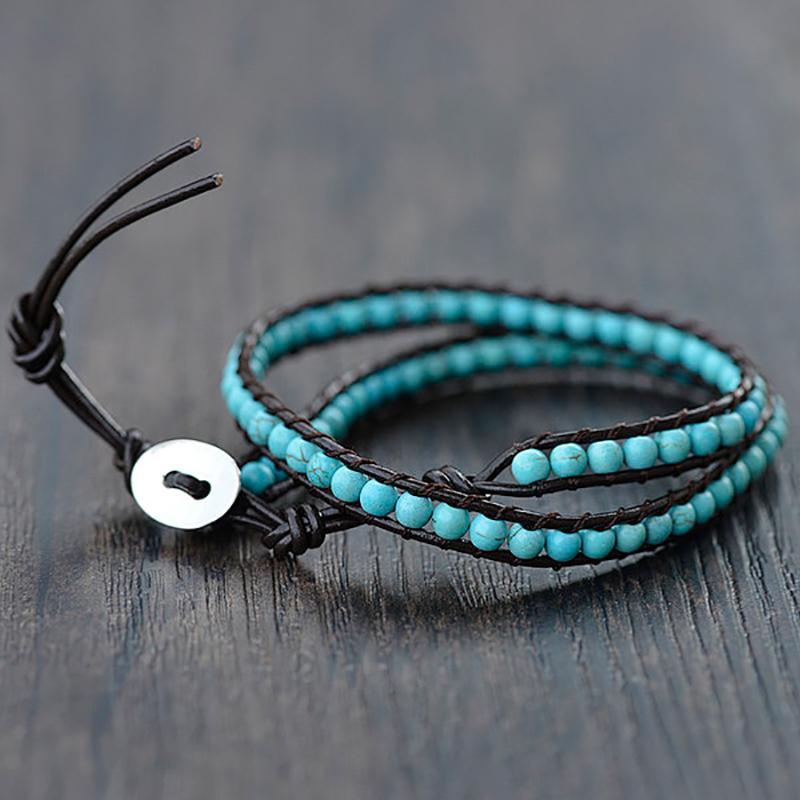 Bracelet cuir mixte turquenite (perles 4mm) - La Boite à Cailloux