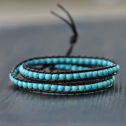 Bracelet cuir mixte turquenite (perles 4mm) - La Boite à Cailloux