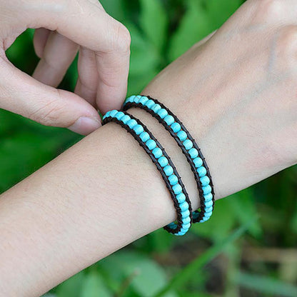 Bracelet cuir mixte turquenite (perles 4mm) - La Boite à Cailloux