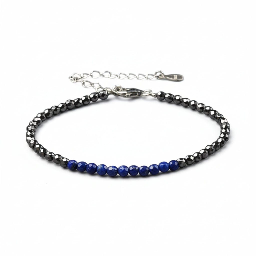 Bracelet hématite lapis lazuli perles facettées argent 925 - La Boite à Cailloux
