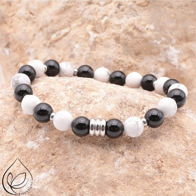 Men's Bracelet: snow obsidian, frosted onyx (10mm balls)