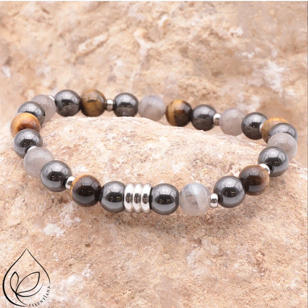 Bracelet Homme CELYOS argenté labradorite, oeil de tigre, hematite A - La Boite à Cailloux