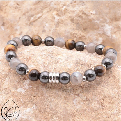 Bracelet Homme CELYOS argenté labradorite, oeil de tigre, hematite A - La Boite à Cailloux