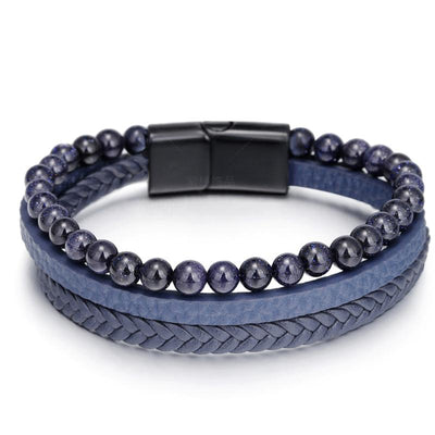 Bracelet Homme cuir bleu pierre d'or bleue (boules 5-6mm)