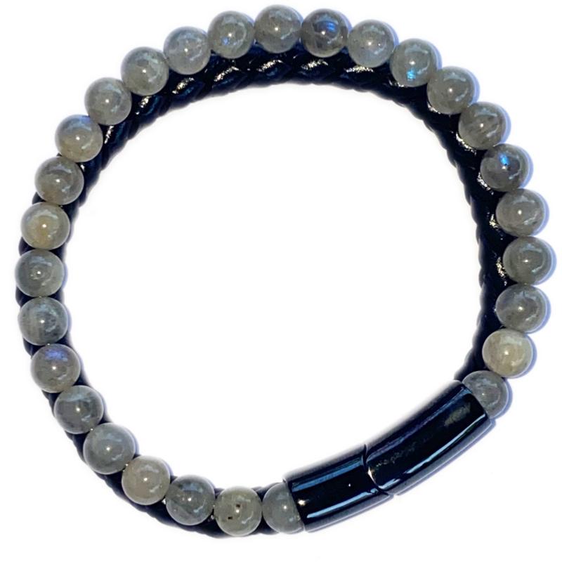 Bracelet Homme cuir labradorite (boules 5 - 6mm) - La Boite à Cailloux