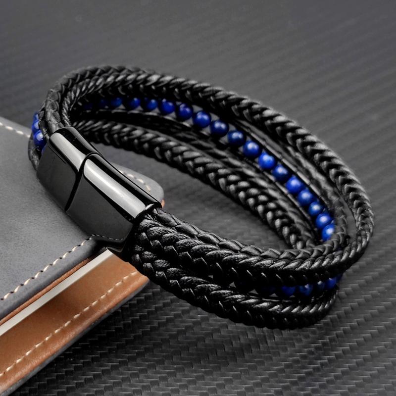Bracelet Homme cuir lapis - lazuli Afghanistan A - La Boite à Cailloux