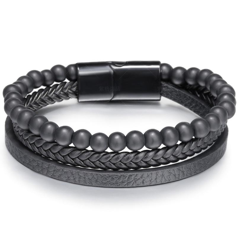 Bracelet Homme cuir noir onyx dépoli (boules 5 - 6mm) - La Boite à Cailloux