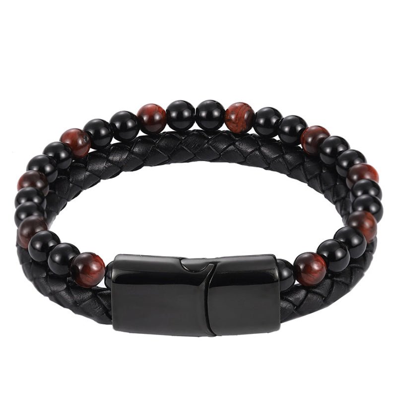 Bracelet Homme cuir noir onyx oeil de taureau (boules 5 - 6mm) - La Boite à Cailloux