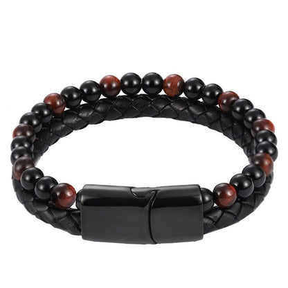 Bracelet Homme cuir noir onyx oeil de taureau (boules 5 - 6mm) - La Boite à Cailloux