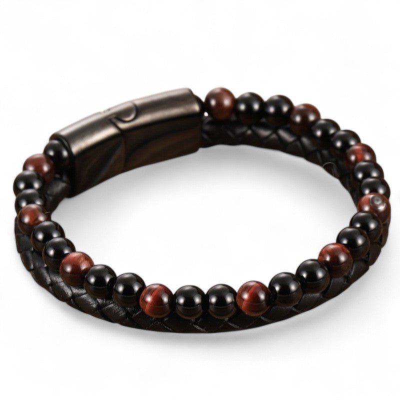 Bracelet Homme cuir noir onyx oeil de taureau (boules 5 - 6mm) - La Boite à Cailloux