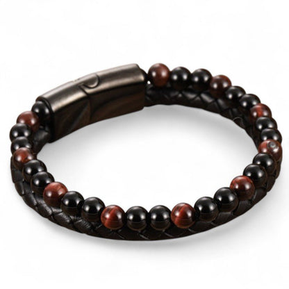 Bracelet Homme cuir noir onyx oeil de taureau (boules 5 - 6mm) - La Boite à Cailloux