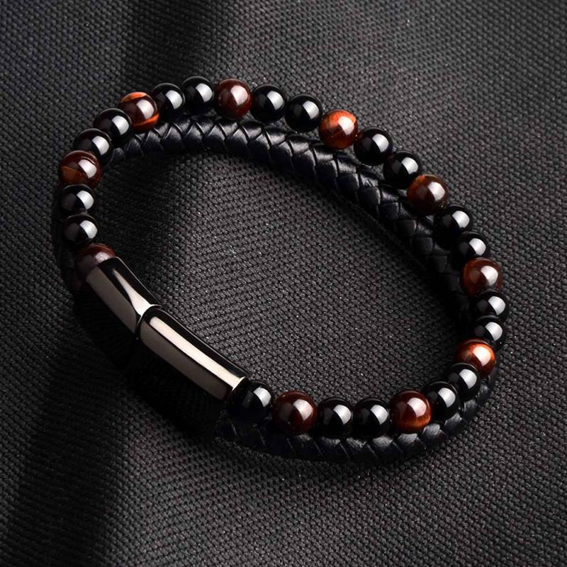 Bracelet Homme cuir noir onyx oeil de taureau (boules 5 - 6mm) - La Boite à Cailloux