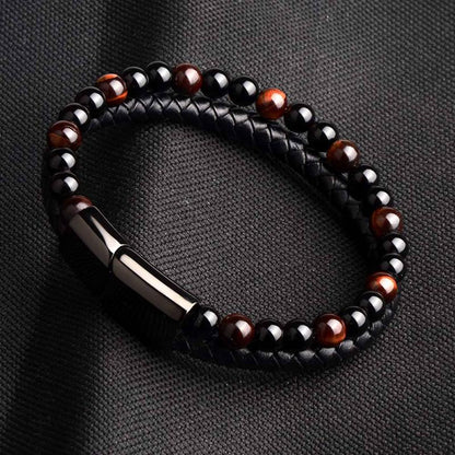 Bracelet Homme cuir noir onyx oeil de taureau (boules 5 - 6mm) - La Boite à Cailloux