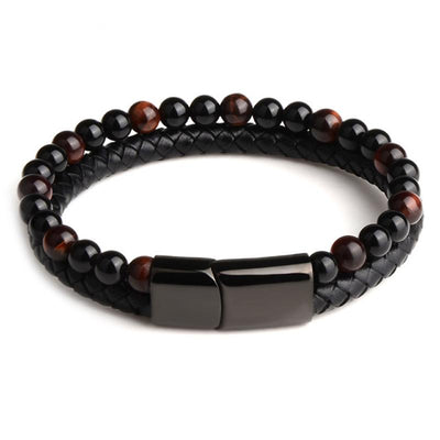 Pulsera hombre cuero negro ojo de tigre ónix (bolas 5-6mm)