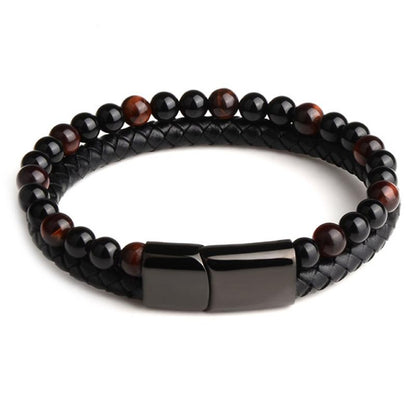 Bracelet Homme cuir noir onyx oeil de taureau (boules 5 - 6mm) - La Boite à Cailloux