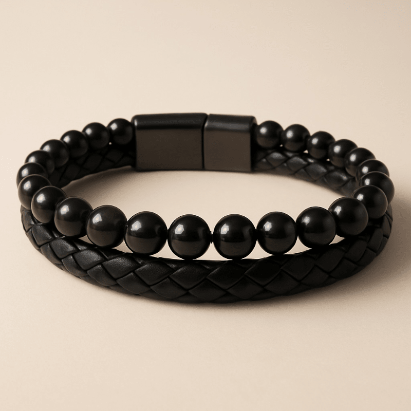 Bracelet Homme cuir obsidienne noire (boules 5 - 6mm) - La Boite à Cailloux