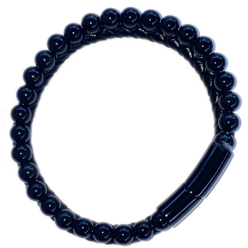 Bracelet Homme cuir obsidienne noire (boules 5 - 6mm) - La Boite à Cailloux