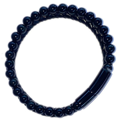 Bracelet Homme cuir obsidienne noire (boules 5 - 6mm) - La Boite à Cailloux