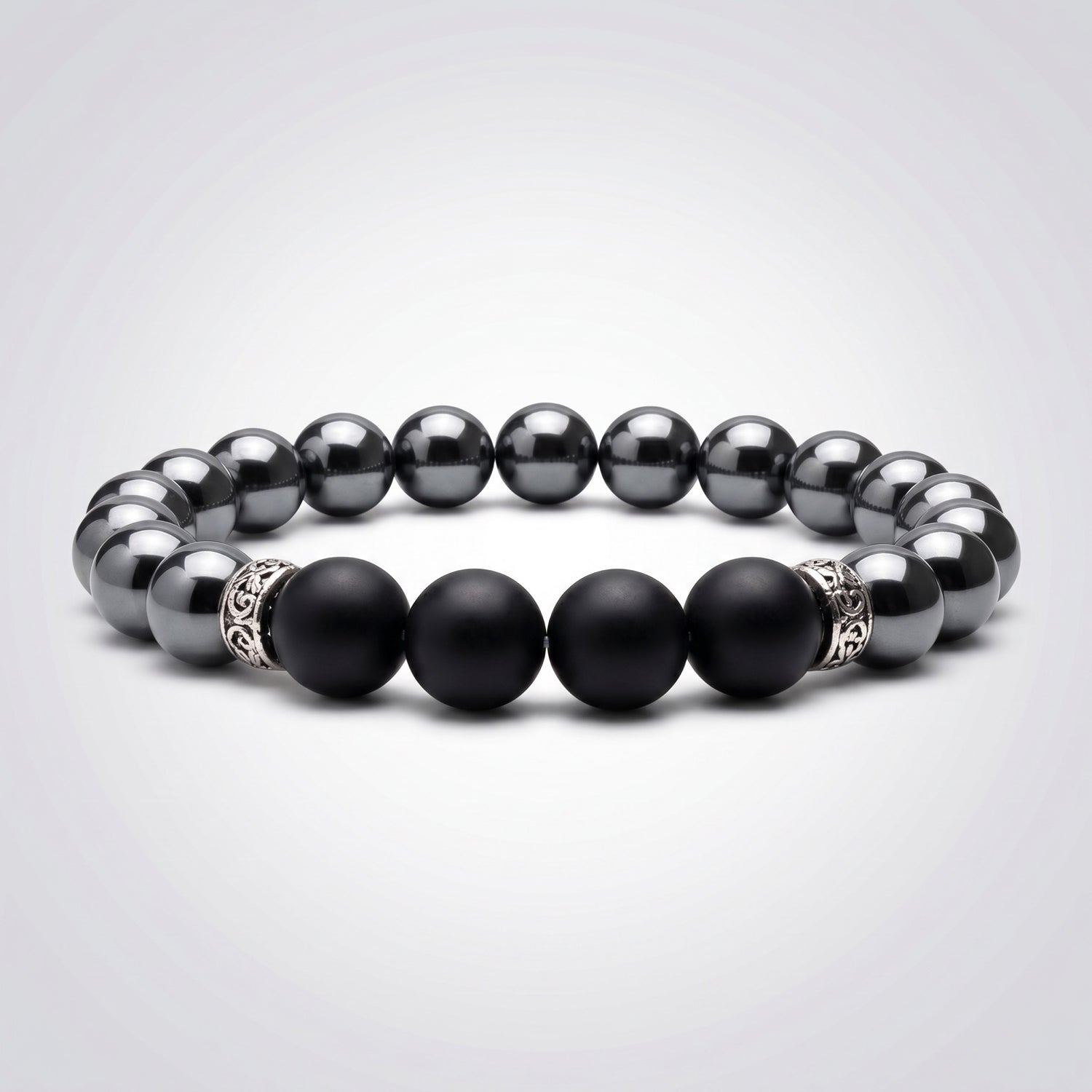 Bracelet homme hématite et onyx dépoli perles 10 mm