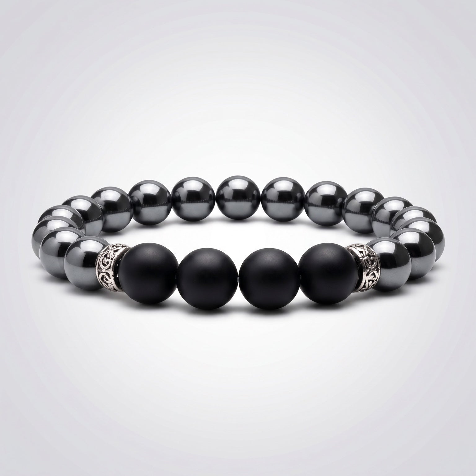 Bracelet homme hématite et onyx dépoli perles 10 mm