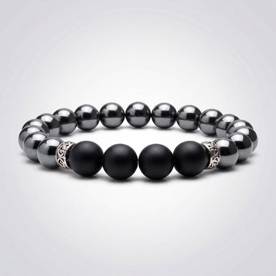 Bracelet homme hématite & onyx dépoli A (boules 10 mm)
