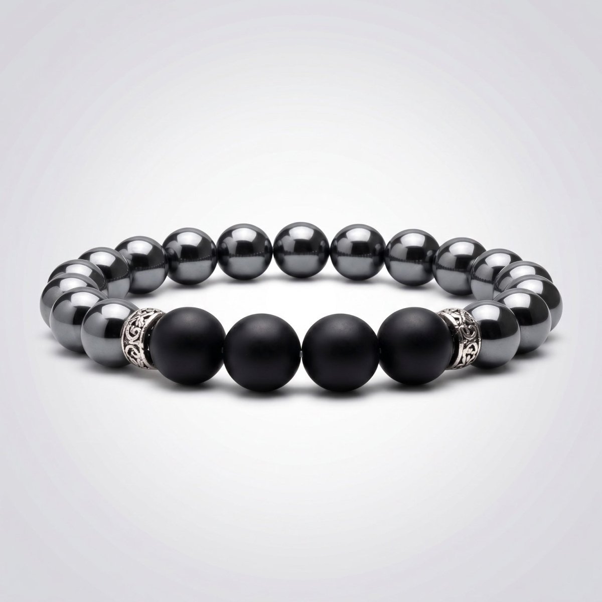 Bracelet homme hématite &amp; onyx dépoli A (boules 10 mm) - La Boite à Cailloux