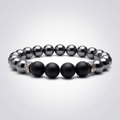 Bracelet homme hématite &amp; onyx dépoli A (boules 10 mm) - La Boite à Cailloux