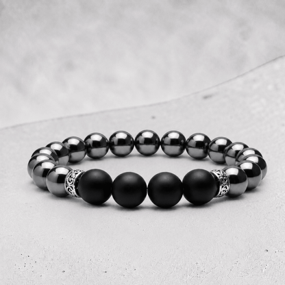 Bracelet homme hématite &amp; onyx dépoli A (boules 10 mm) - La Boite à Cailloux
