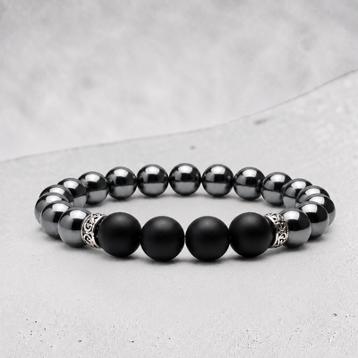 Bracelet homme hématite & onyx dépoli A (boules 10 mm)