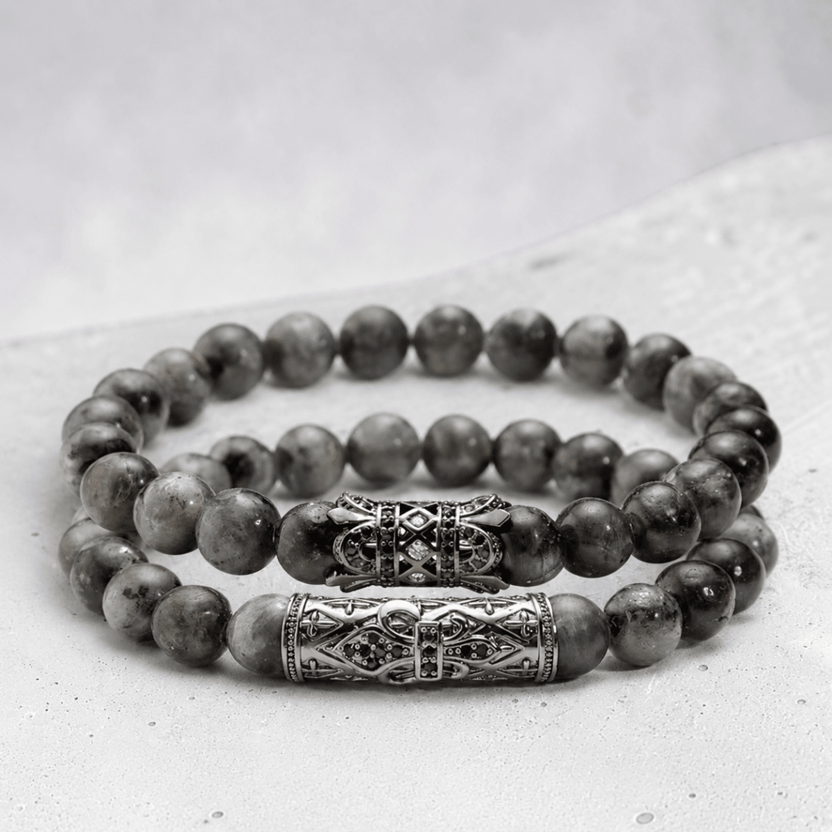 Bracelet homme Larvikite (granite) Norvège A (boules 7-8 mm) - La Boite à Cailloux