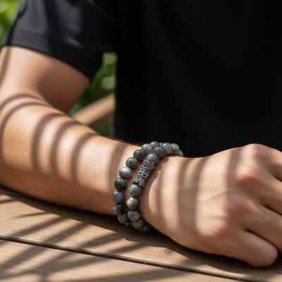 Bracelet homme Larvikite (granite) Norvège A (boules 7-8 mm)
