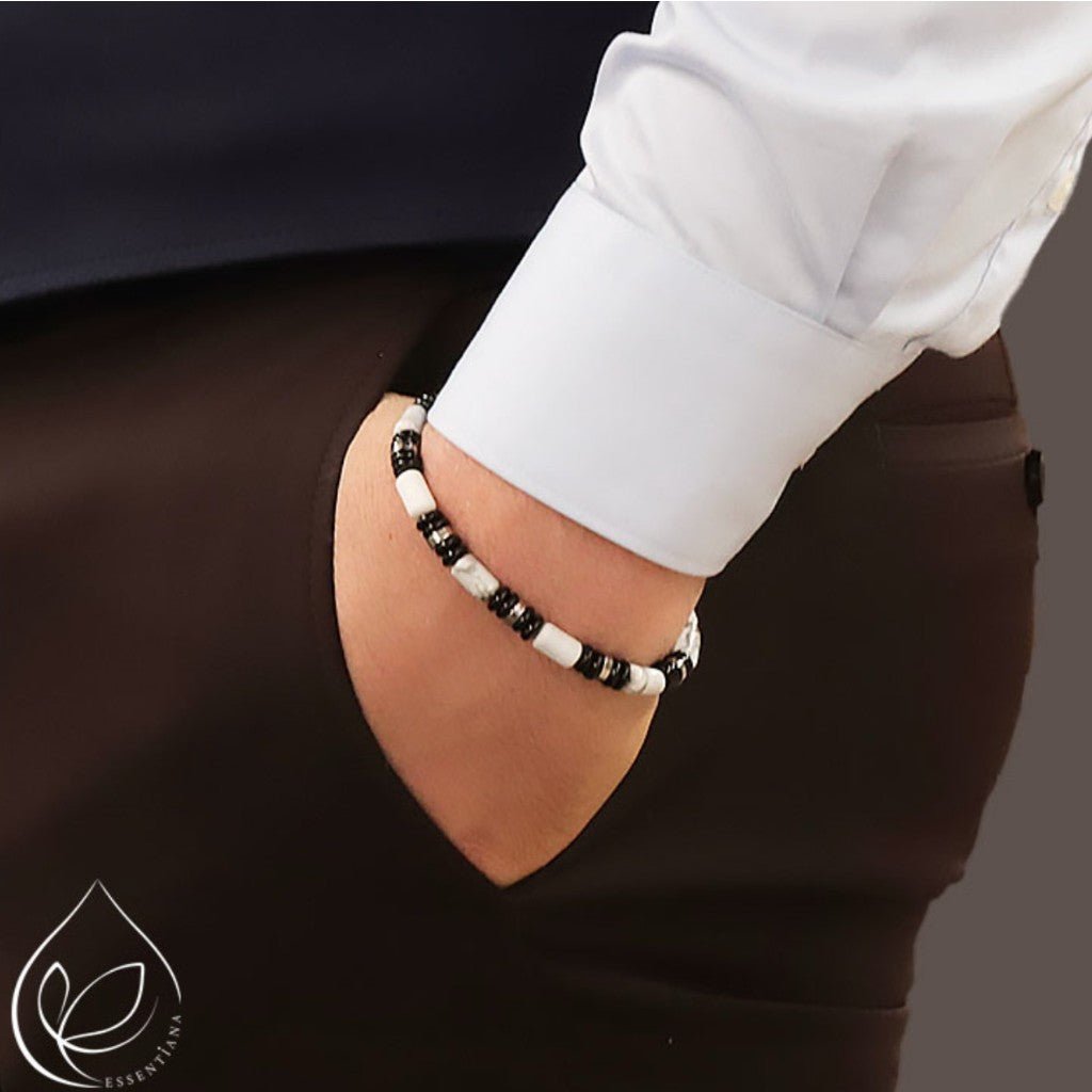 Bracelet Homme Nemo argenté obsidienne noire howlite AA - La Boite à Cailloux