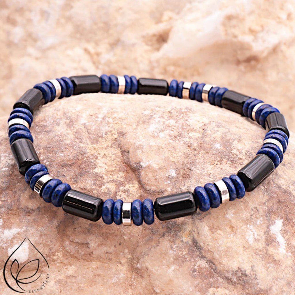 Bracelet Homme Nemo argenté obsidienne noire lapis lazuli AA - La Boite à Cailloux