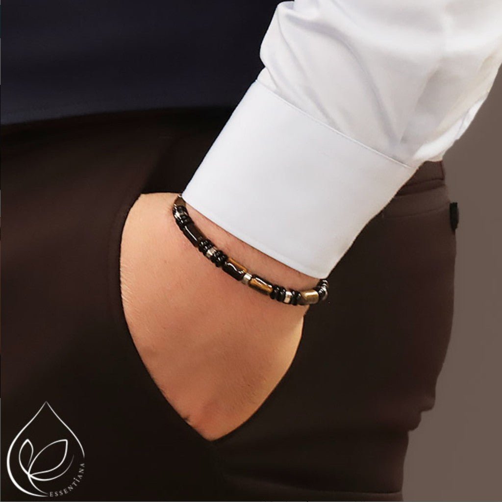 Bracelet Homme Nemo argenté obsidienne noire oeil de tigre AA - La Boite à Cailloux