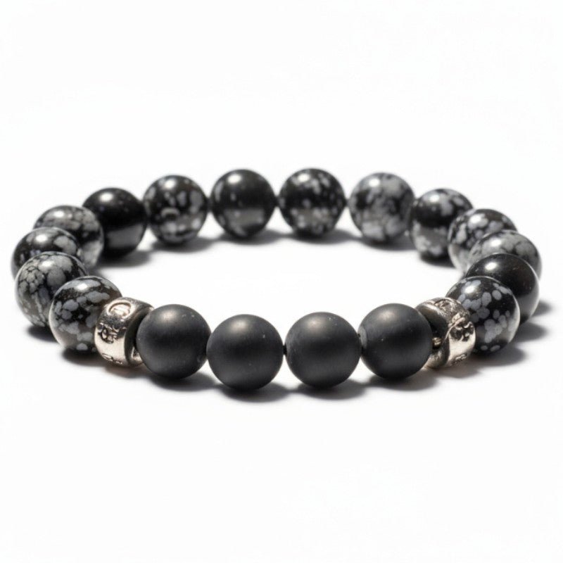 Bracelet Homme: obsidienne neige, onyx dépoli (boules 10mm) - La Boite à Cailloux