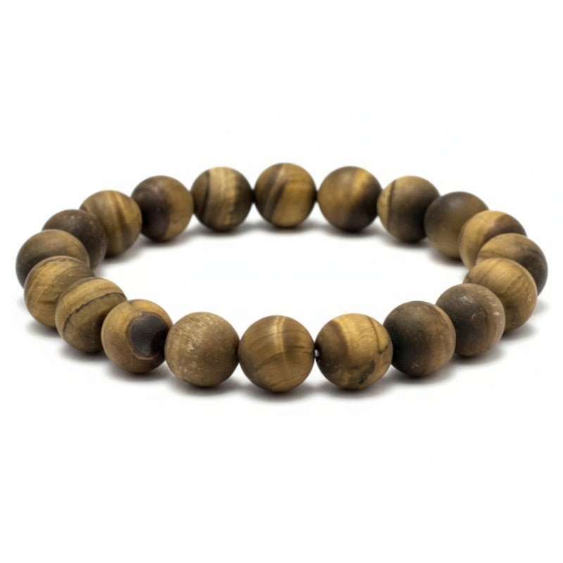 Bracelet Homme: oeil de tigre dépoli A (boules 10mm) - La Boite à Cailloux