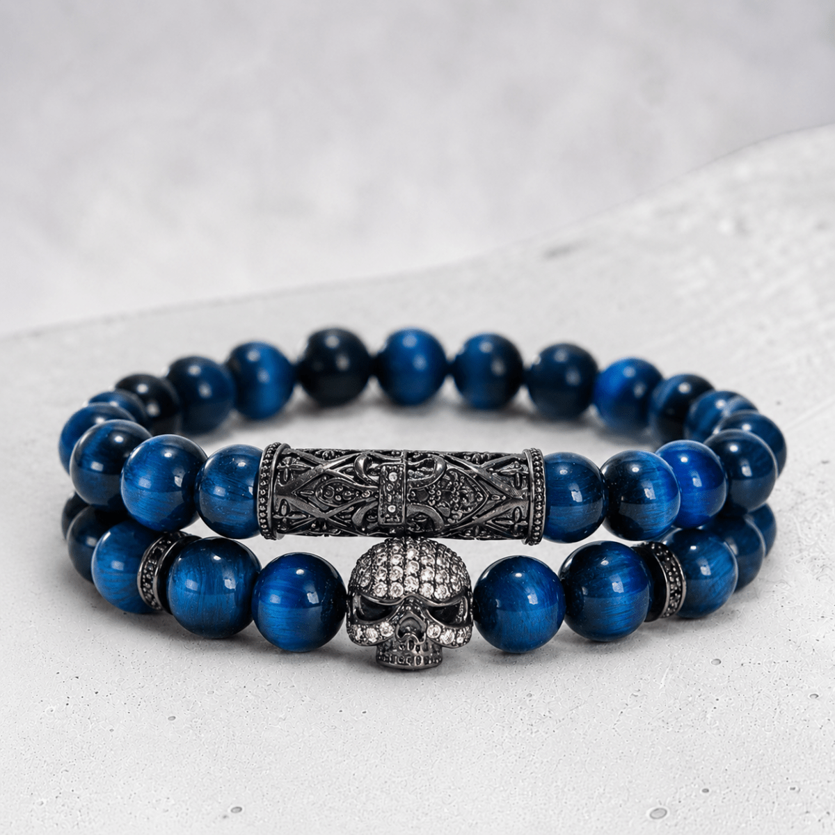 Bracelet homme oeil de tigre teinté bleu Afrique du Sud AA - La Boite à Cailloux
