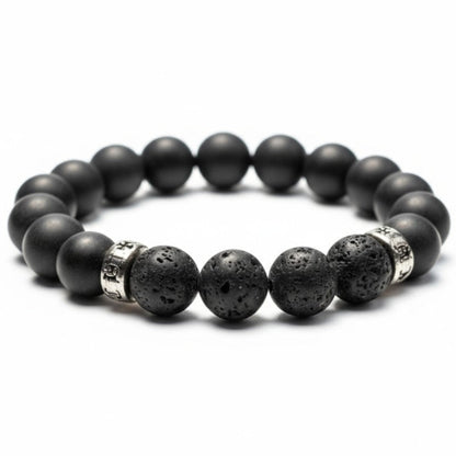 Bracelet Homme: onyx dépoli, pierre de lave (boules 10mm) - La Boite à Cailloux