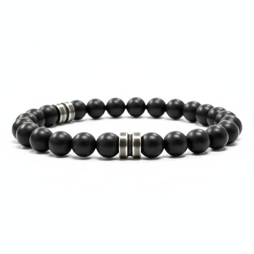 Bracelet Homme: onyx dépoli rondelle acier (boules 7 - 8mm) - La Boite à Cailloux