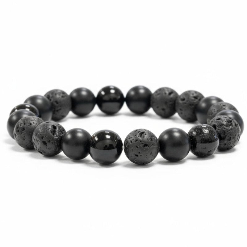 Bracelet Homme: onyx, onyx dépoli, pierre de lave A (boules 10mm) - La Boite à Cailloux